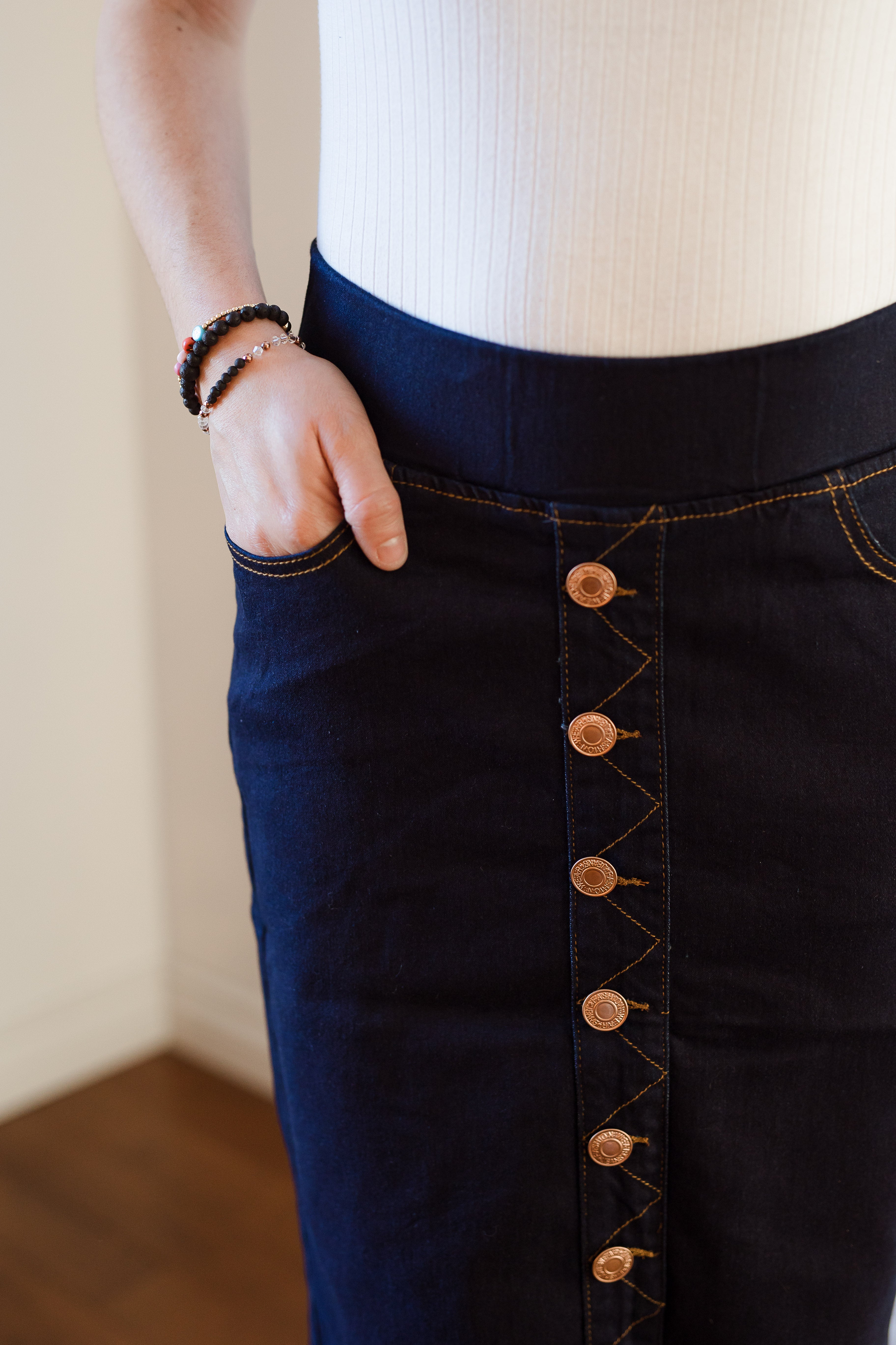 Knee length button through denim skirt sale